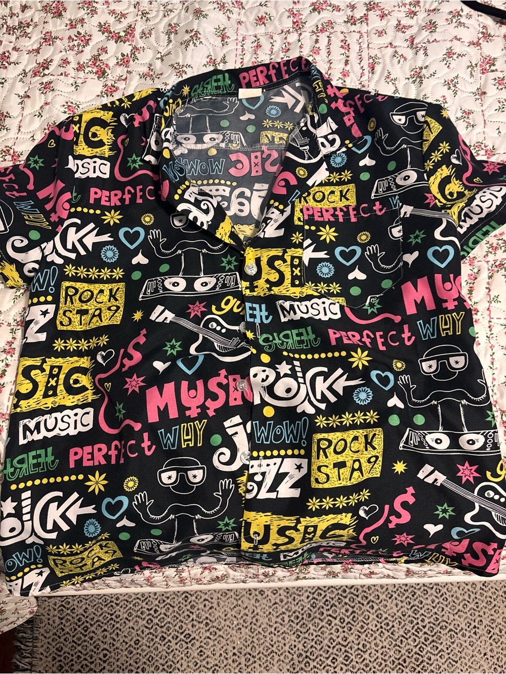 Graphic Rock-Star Button Shirt in Black with Neon Print